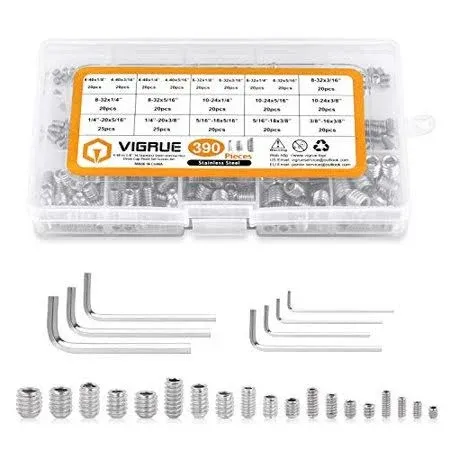 VIGRUE 390Pcs 4-40 to 3/8 -16 SAE Hex Allen Head Socket Set Screws Grub Screw Bolts Assortment Kit 304 Stainless Steel Internal Hex Drive Cup-Point Screws with 7pcs Hex Wrenches