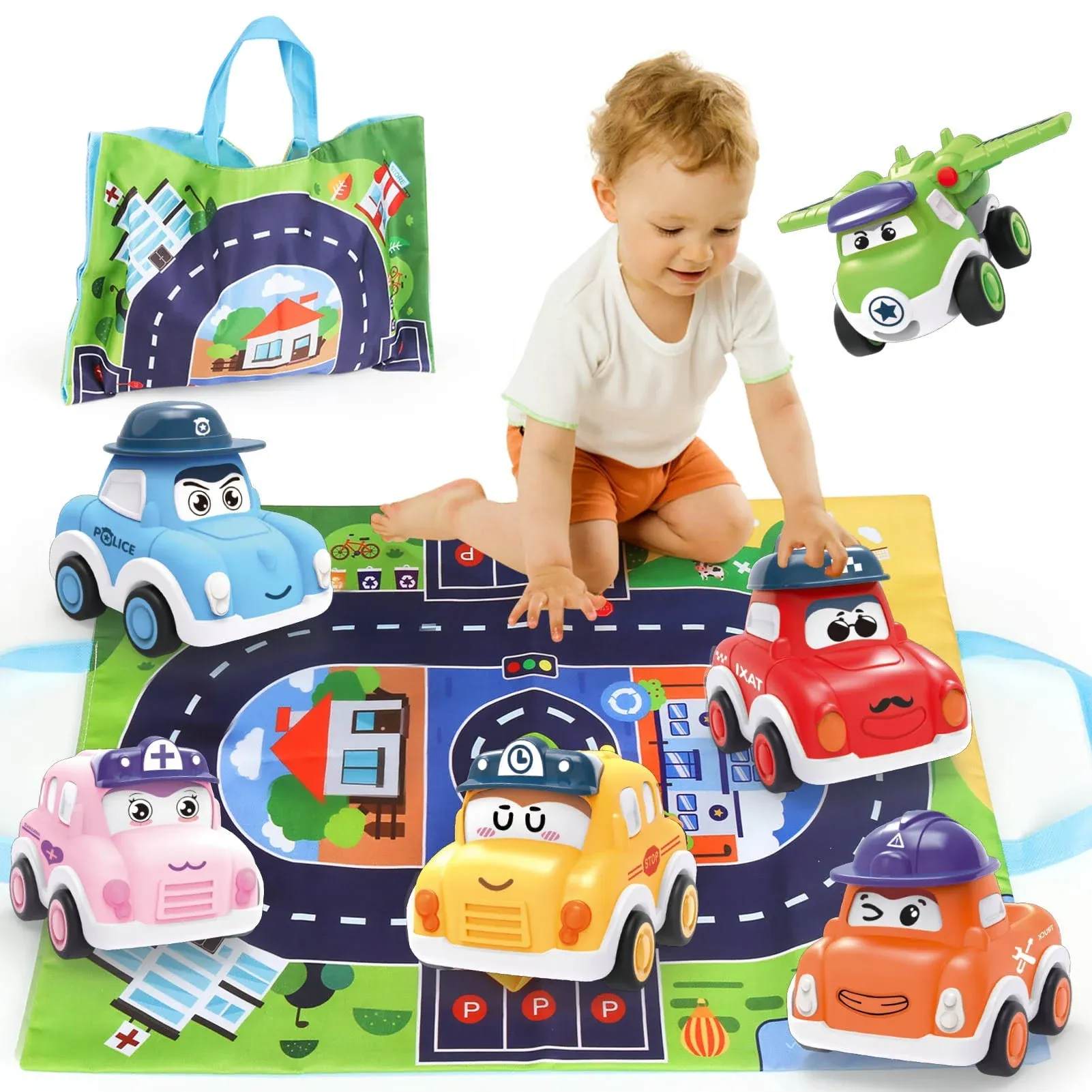 ZMZS Baby Cars for 1 Year Old Boy, Mini Pull Back Trucks for Toddler Age 3, 6 Pcs Infant Friction Powered Push and Pull Vehilces with Playmat Storage Bag, Kids Birthday Gift for 12-18 Months Girls