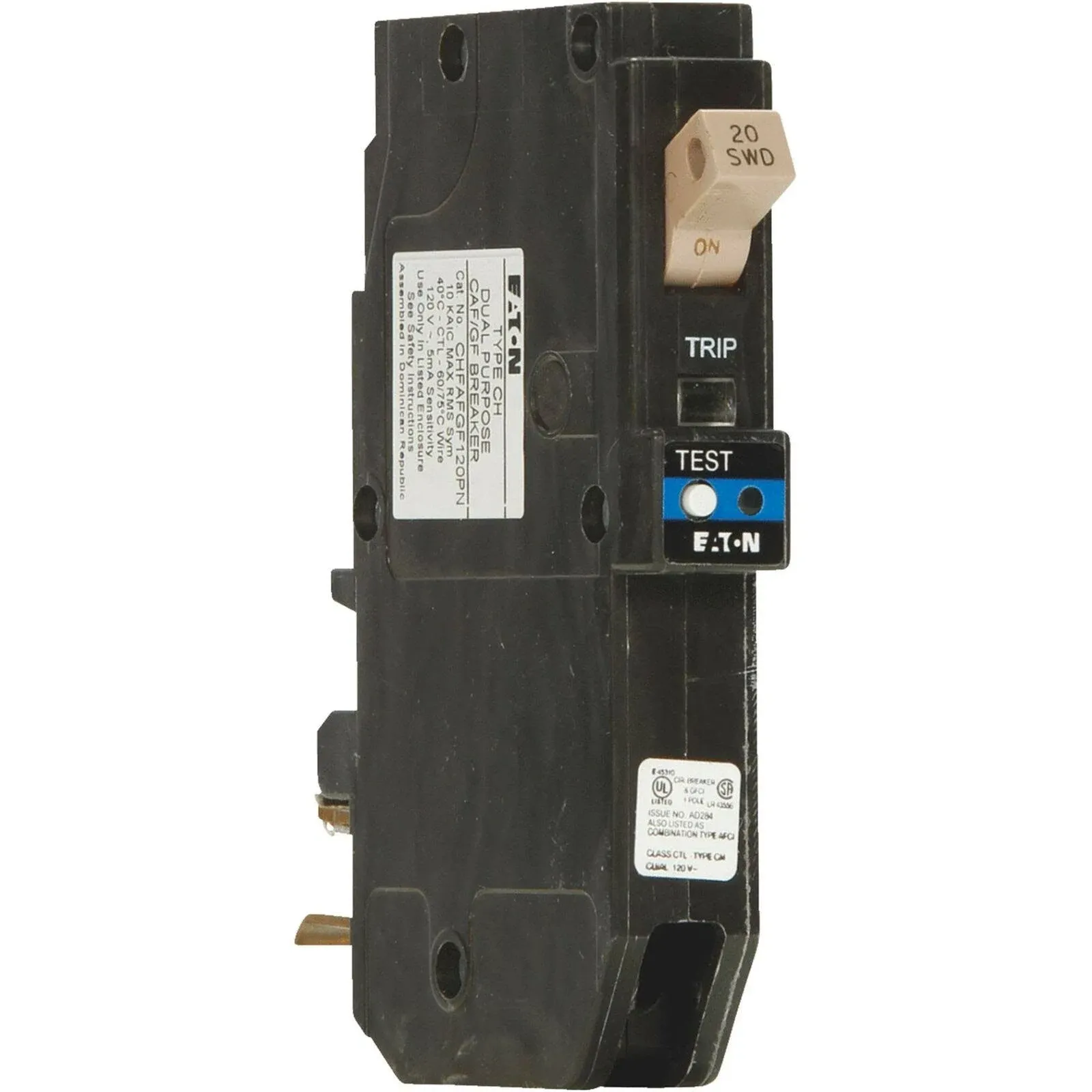 Eaton CHFAFGF120PN Plug-In Mount Type CH Combination Arc and Ground Fault Circuit Breaker 1-Pole 20 Amp 120 Volt AC 