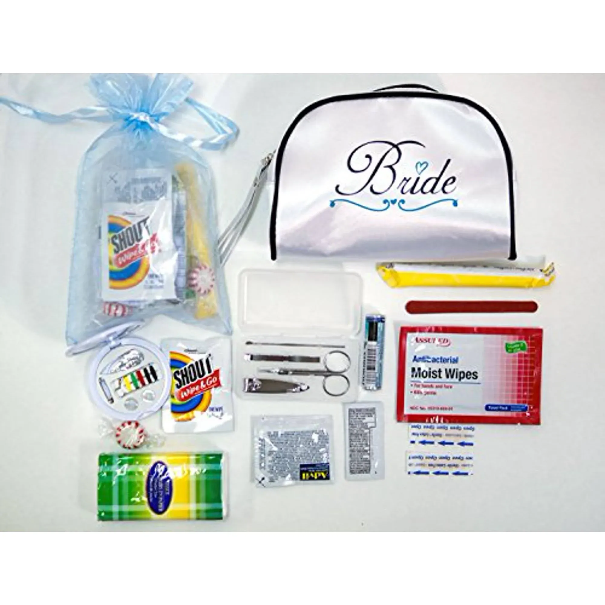 Yacanna Wedding Survival Kit Bridal Emergency Kit in White Satin Bride Travel Bag -Gifts for Bride