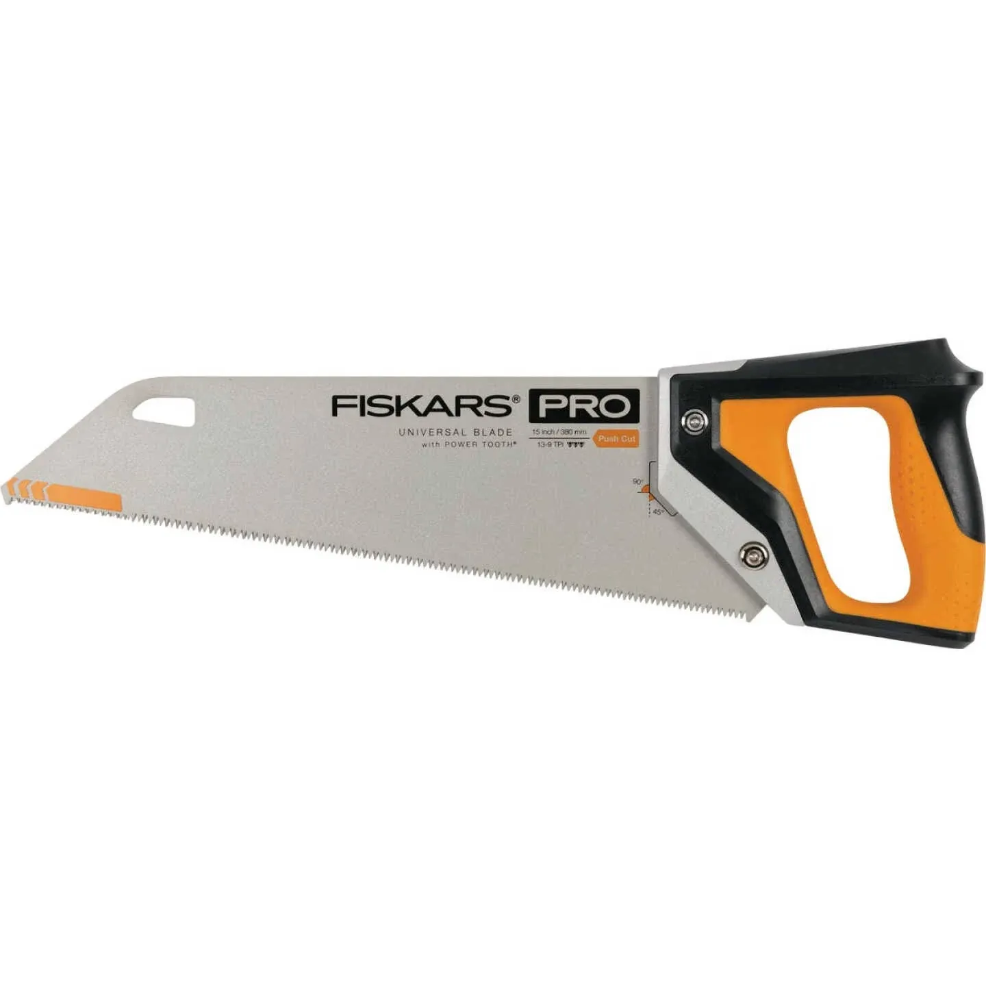 Fiskars Pro Power Tooth Universal Hand Saw - 15" Blade and Safety Sheath - Carpenter Saw - Construction Tools - Orange/Black