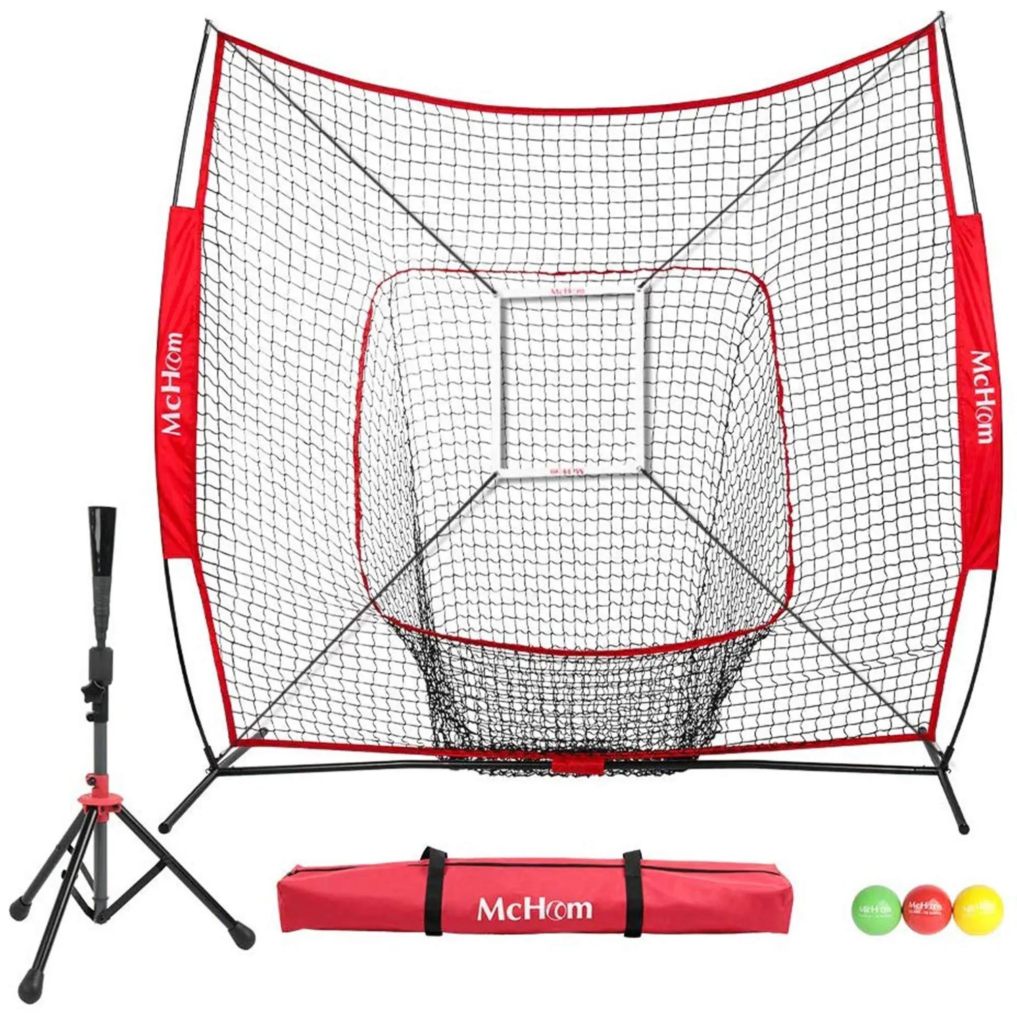 McHom 7&#039; x 7&#039; Baseball &amp; Softball Practice Net Set with Travel Tee, 3 Weighte...