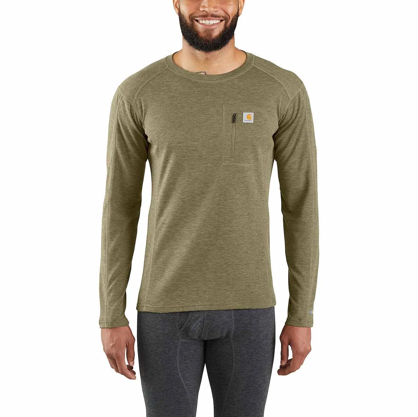 Carhartt Men's Force Heavyweight Synthetic-Wool Blend Base Layer Crewneck Pocket Top | Burnt Olive Heather | M