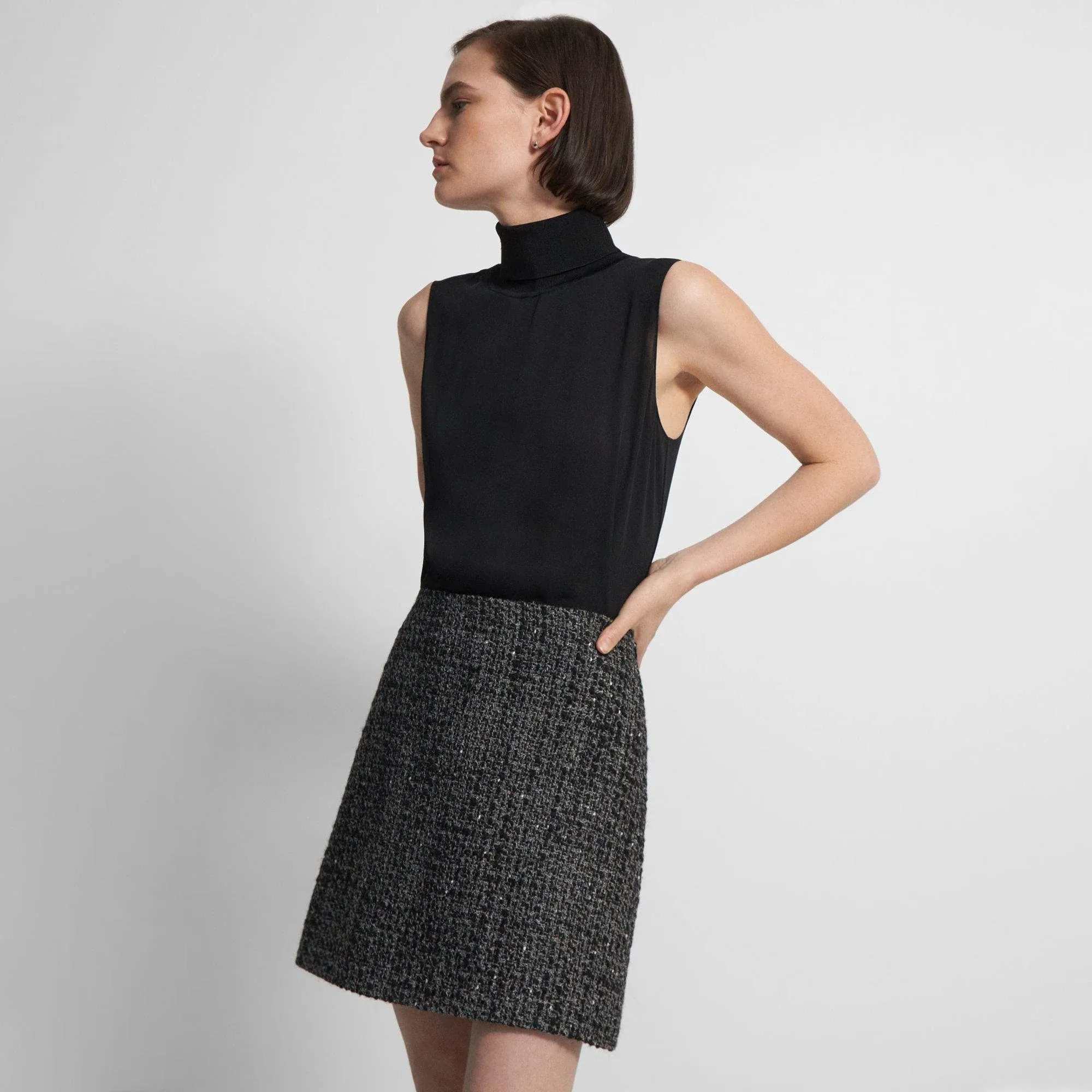 Theory High-Waisted Mini Skirt in Wool-Blend Tweed - Black Multi - 12