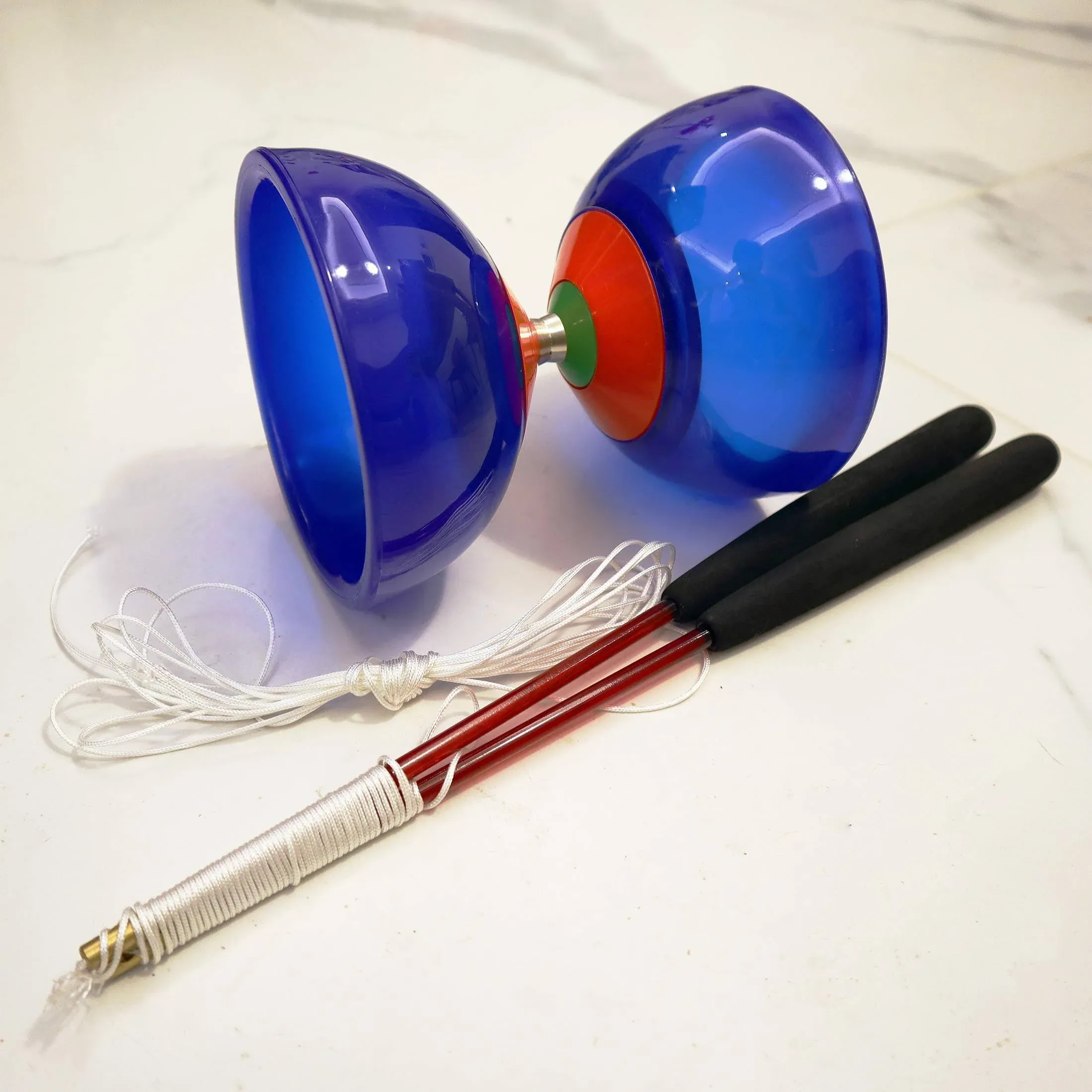 OVOKIA Five Bearings Chinese Yoyo 5? Diabolo Toy with Fiberglass Diablo Sticks & String with Drawstring Bag (Translucent Blue)