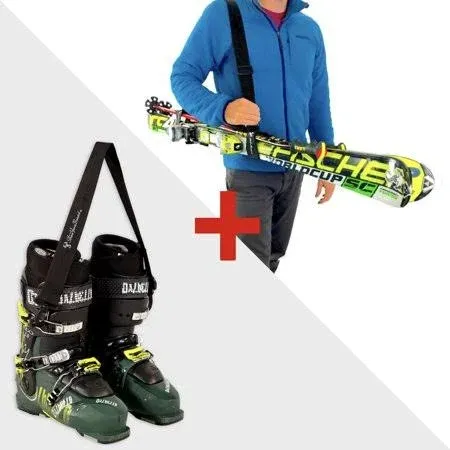 StoreYourBoard Set of (1) Ski and Boot Carrier Straps & (1) Ski and Ski Pole Carrier, Adjustable Shoulder Straps, Hands Free Easy Transport, Hook and Loop Wraps