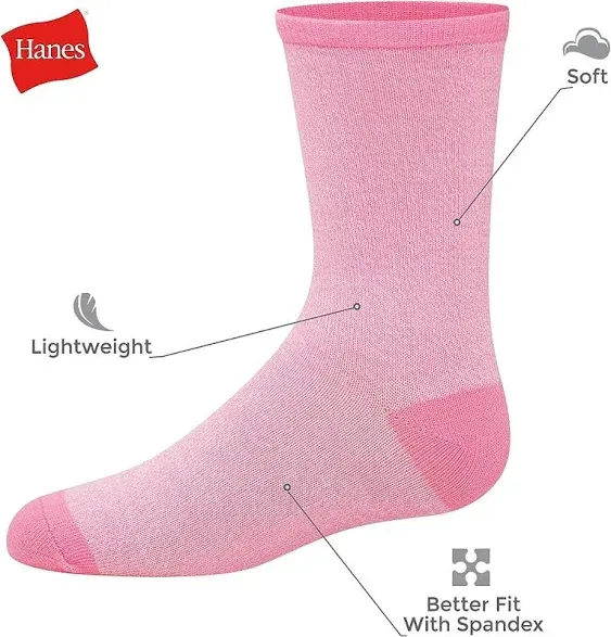 Hanes Girls' Big Ultimate Fashion, Lightweight Stretch Crew Socks, Assorted 10-Pair Pack, Small