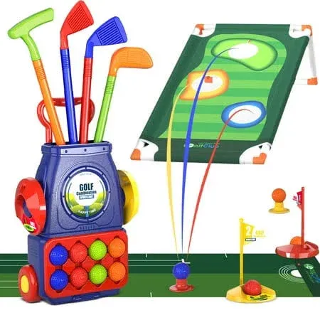 QDRAGON Kids Golf Clubs, 2 in 1 Toddler Golf Set with 8 Balls/Cornhole Board & Putting Mat/Golf Cart with Wheels, Indoor Outdoor Sport Toys Gifts for Boys Girls Ages 3 4 5 6+, Blue