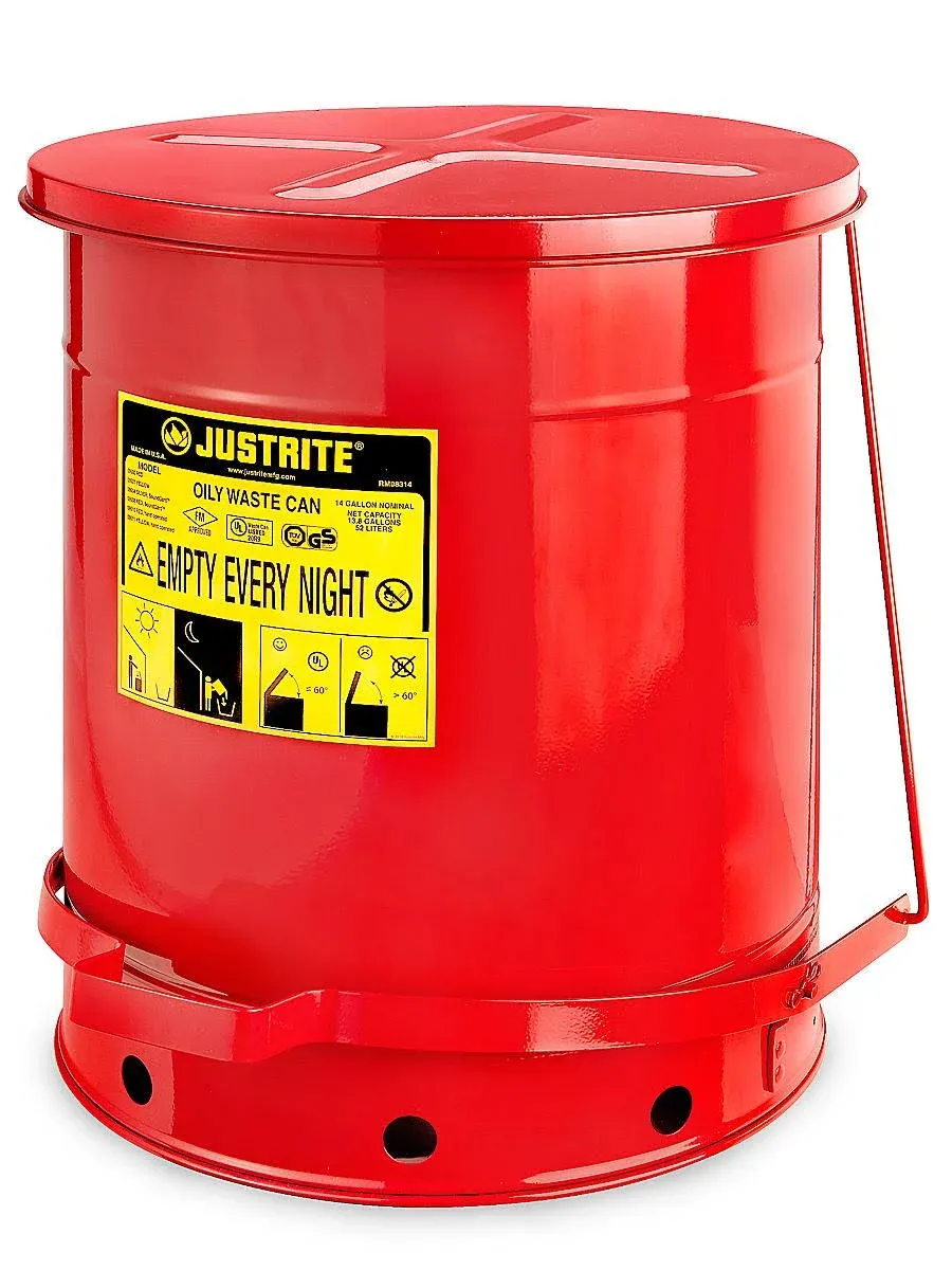 Justrite 09500 Self Close Cover 14-Gal Oily Waste Can