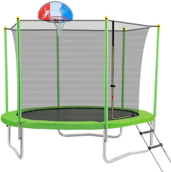 10 ft. Round Trampoline for Kids with Safety Enclosure Net, Basketball Hoop and ...