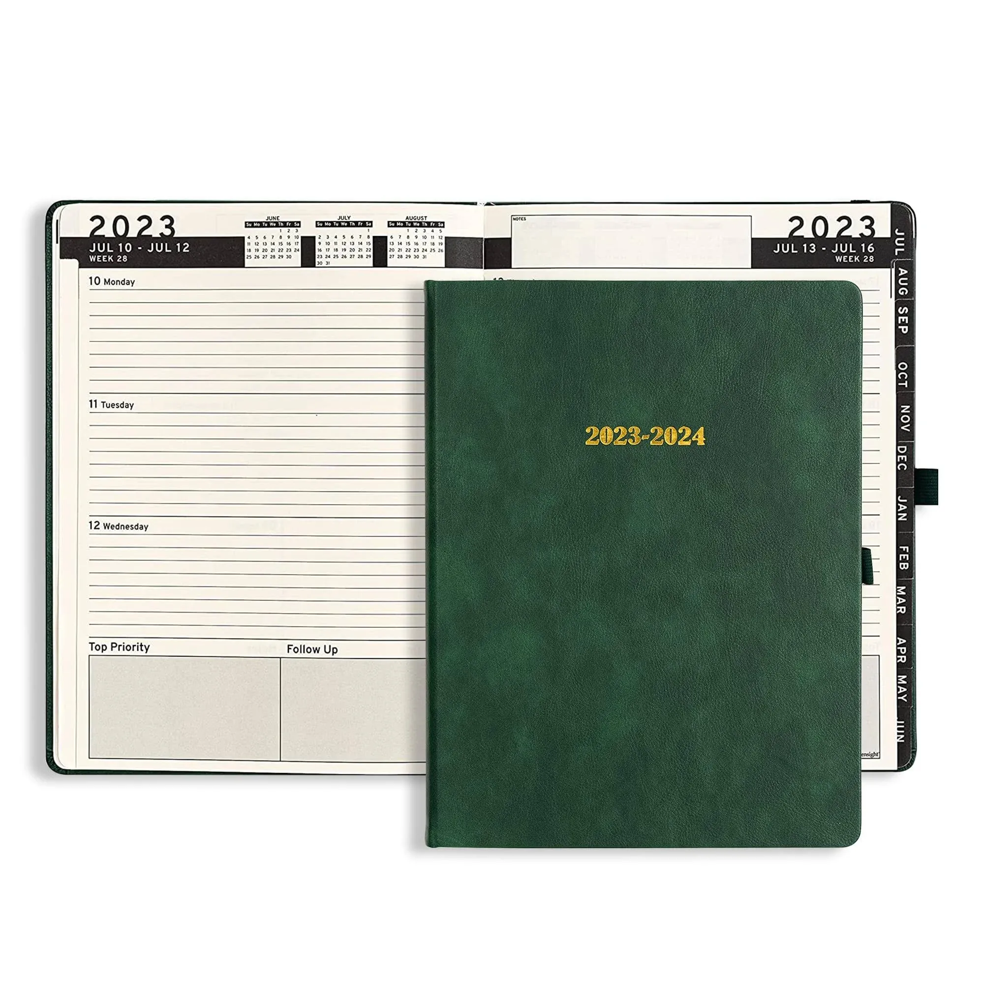 HARDCOVER Daily Leather Planner Weekly Monthly - 8.5x11 - Ensight Academic Planner Business Personal or Student - Pen Holder, Bookmark, Notes Pages, Thick Paper, July 2024 - June 2025 (Dark Green)