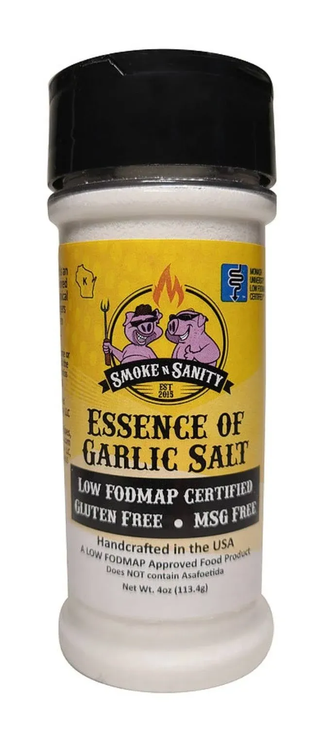 Smoke n Sanity Essence of Garlic Salt - Monash Certified Low FODMAP - Contains No Onion - Certified Gluten Free - Certified Kosher - Dairy Free - 4.0 Ounce Shaker