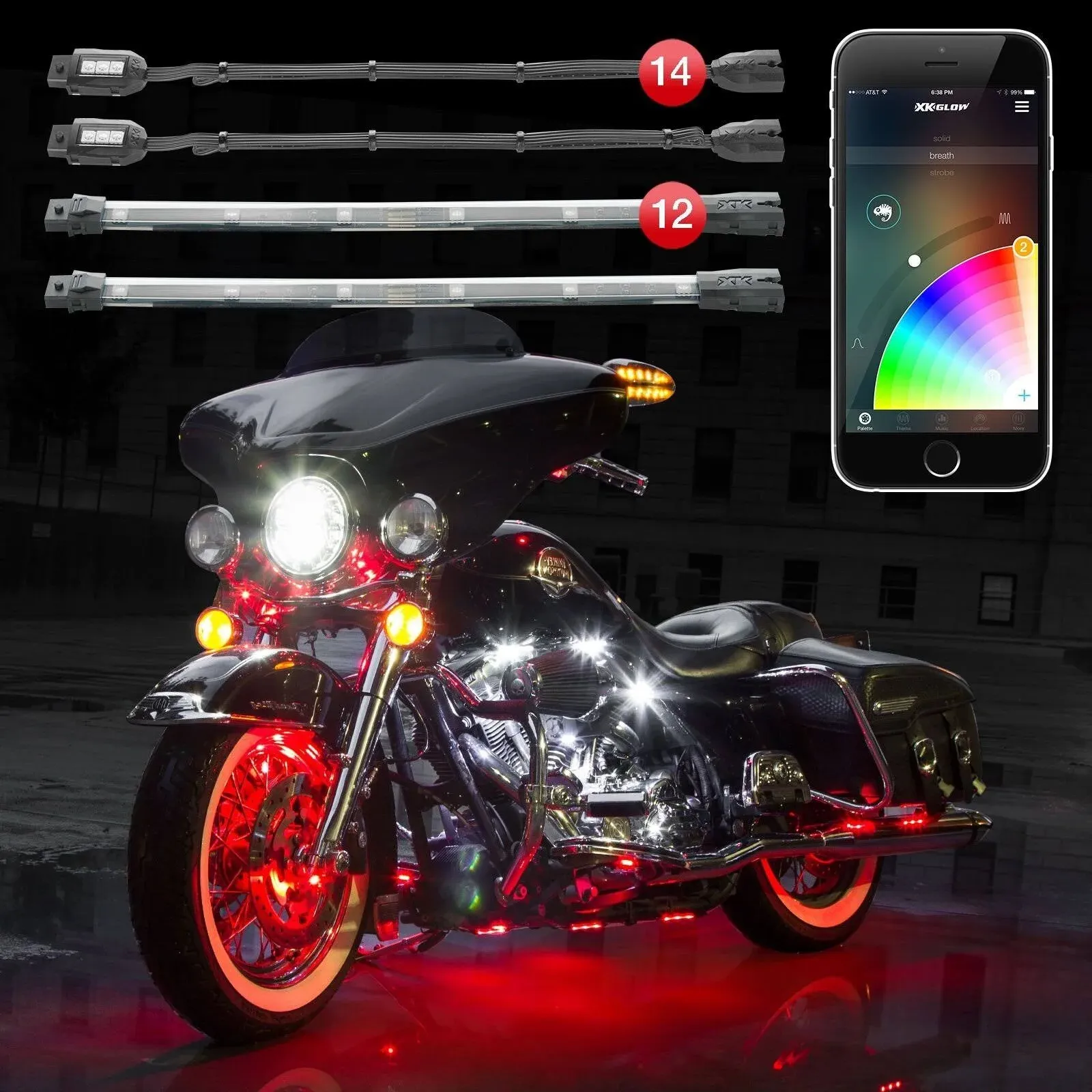 XK Glow KSMOTOPRO 14 Pod 12 Strip XKchrome App Control Motorcycle Professional LED Accent Light Kit