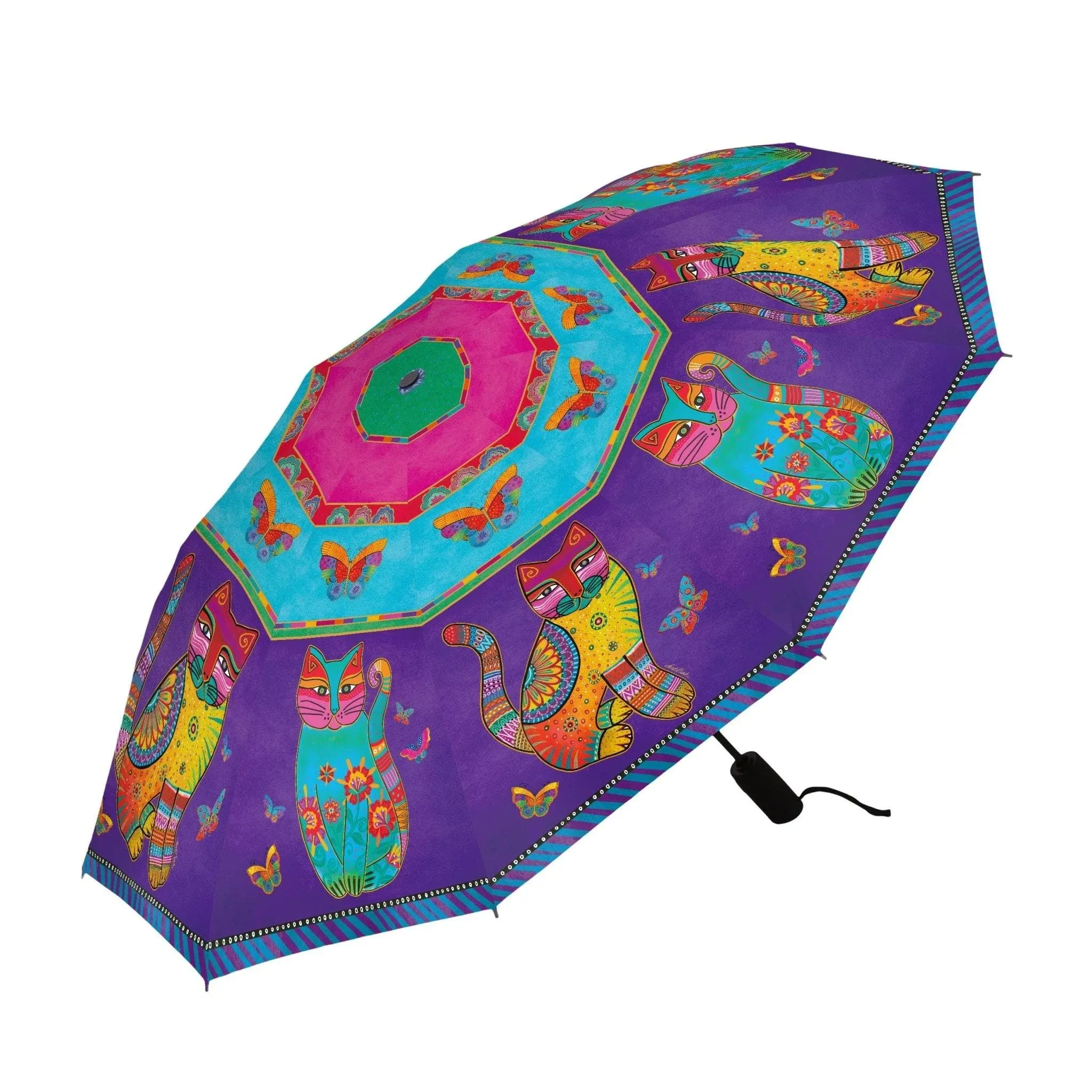 RainCaper Laurel Burch Windproof Auto Open Close 43” Coverage Folding Travel Umbrella with Matching Sleeve