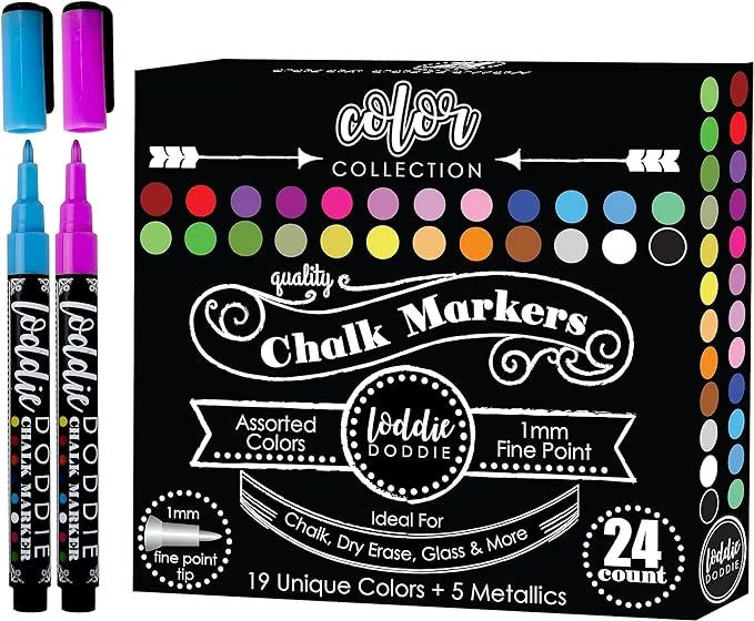 Loddie Doddie Liquid Chalk Markers - Pack of 24 - Dust Free, 1mm Fine Point Chalk Markers for Blackboards, Windows & Glass - Glass Marker - Erasable