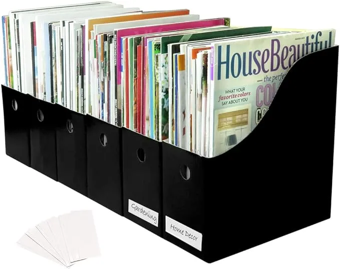 Evelots 6 Pack Magazine File Holder Organizer-4 Inch Wide- Black-With Labels