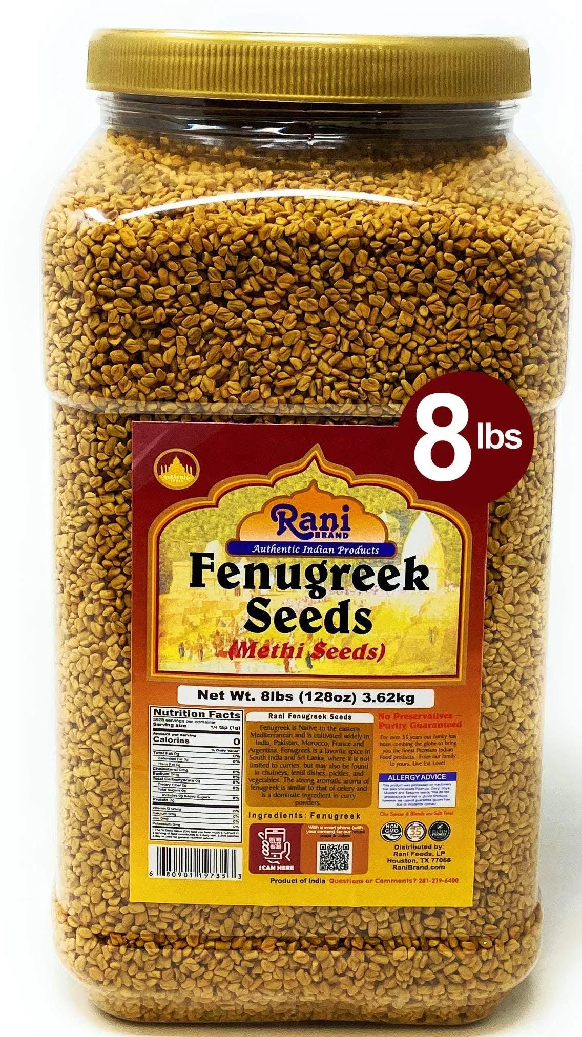 Rani Fenugreek (Methi) Seeds Whole 128oz (8lbs) 3.62kg Bulk Pet Jar, Trigonella Foenum Graecum ~ All Natural | Vegan | Gluten Friendly | Non-GMO