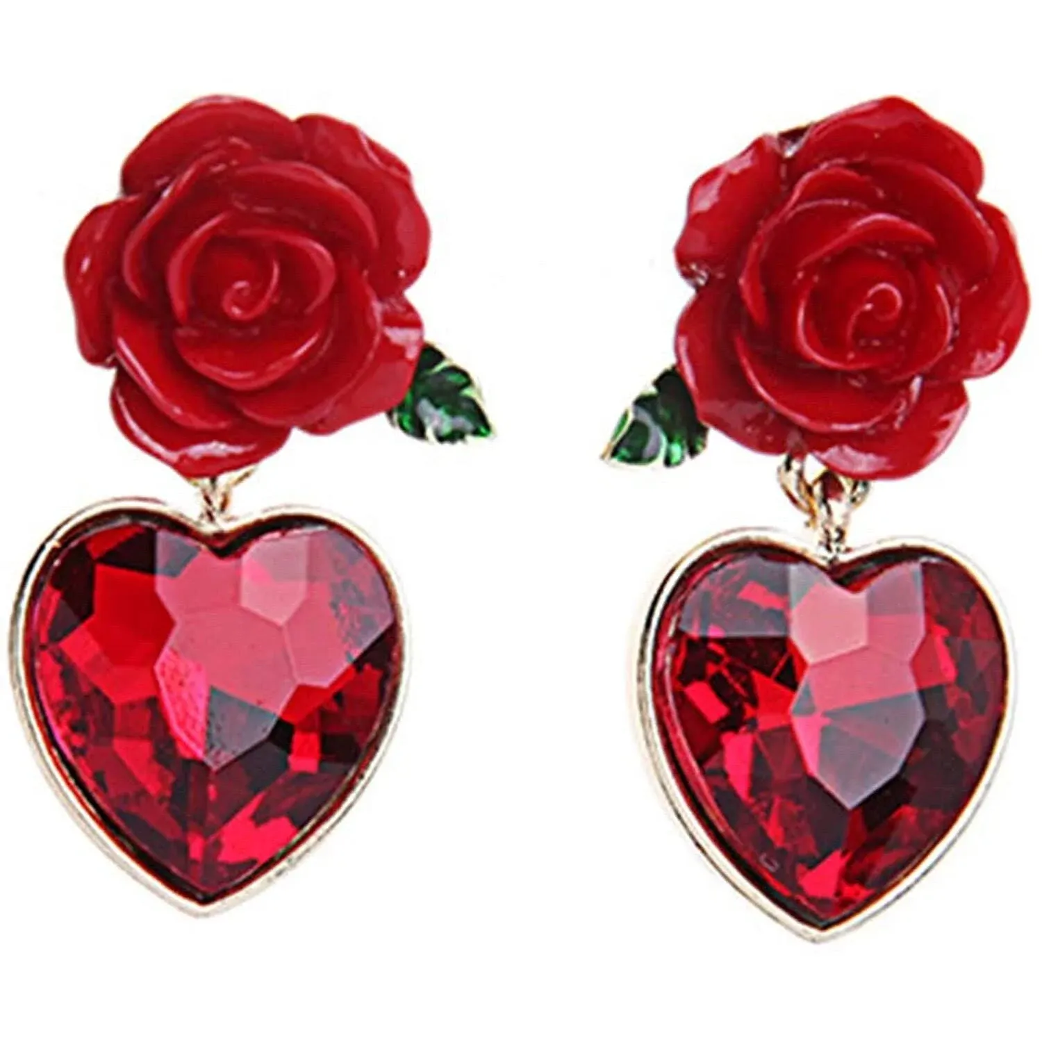 HMOOY Red Rose Flower Stud Earrings, Vintage Simulated Ruby Heart Stud Earrings ...