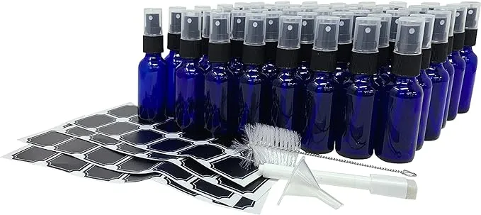 Nevlers 48 Pack Blue 1 Oz Glass Spray Bottle | The Blue Misting Glass Bottles Includes Sprayers & a Funnel and Brush with Bonus Labels to Easily Identify it's Contents