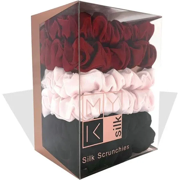 MYK Silk 100% Mulberry Silk Small Scrunchies Skinnies Set Gentle Hair Tie for Curly Hair 6 Pack Small (2 Black, 2 Burgundy, 2 Pink)