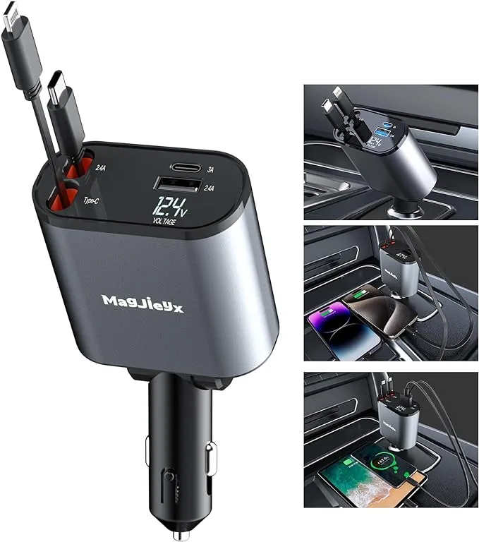 4 in 1 Retractable Car Fast Charger, USB C Lightning Cables Apple Galaxy Google 