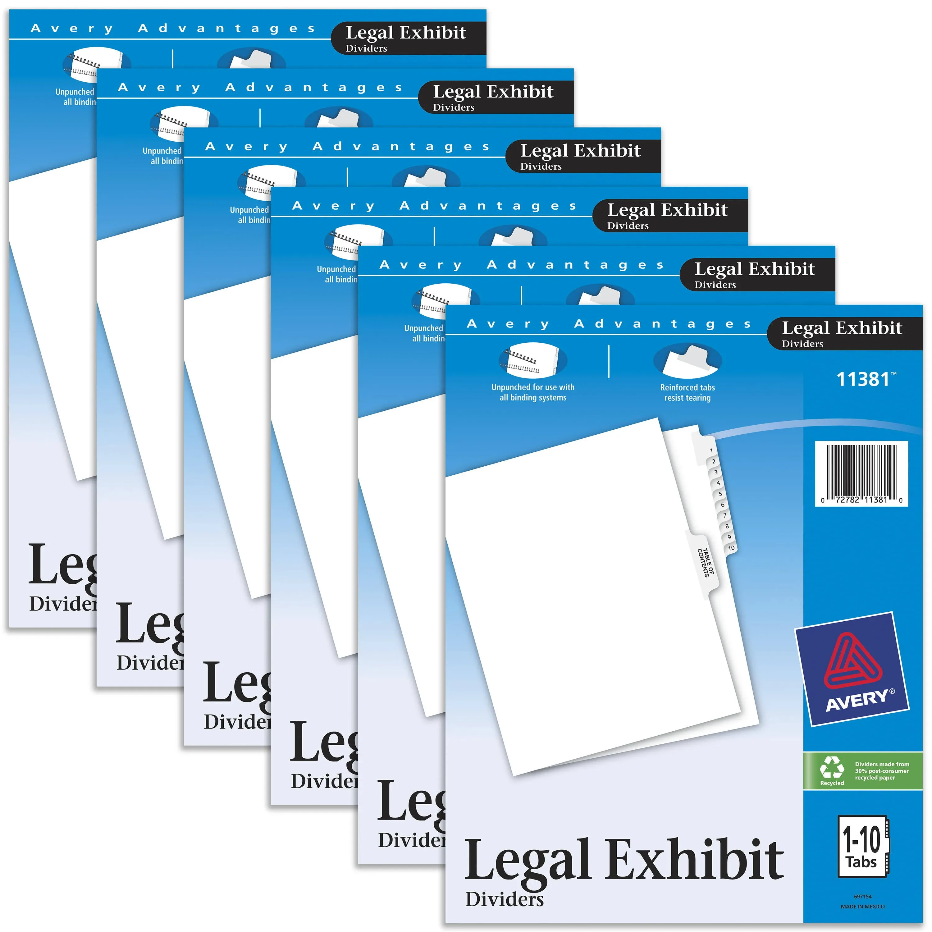 Avery Legal Exhibit Binder Dividers, Preprinted 1-10 and Table of Contents Side Tabs, Unpunched Letter Size, 1 Set Collated, 6 Sets per Pack (11381)