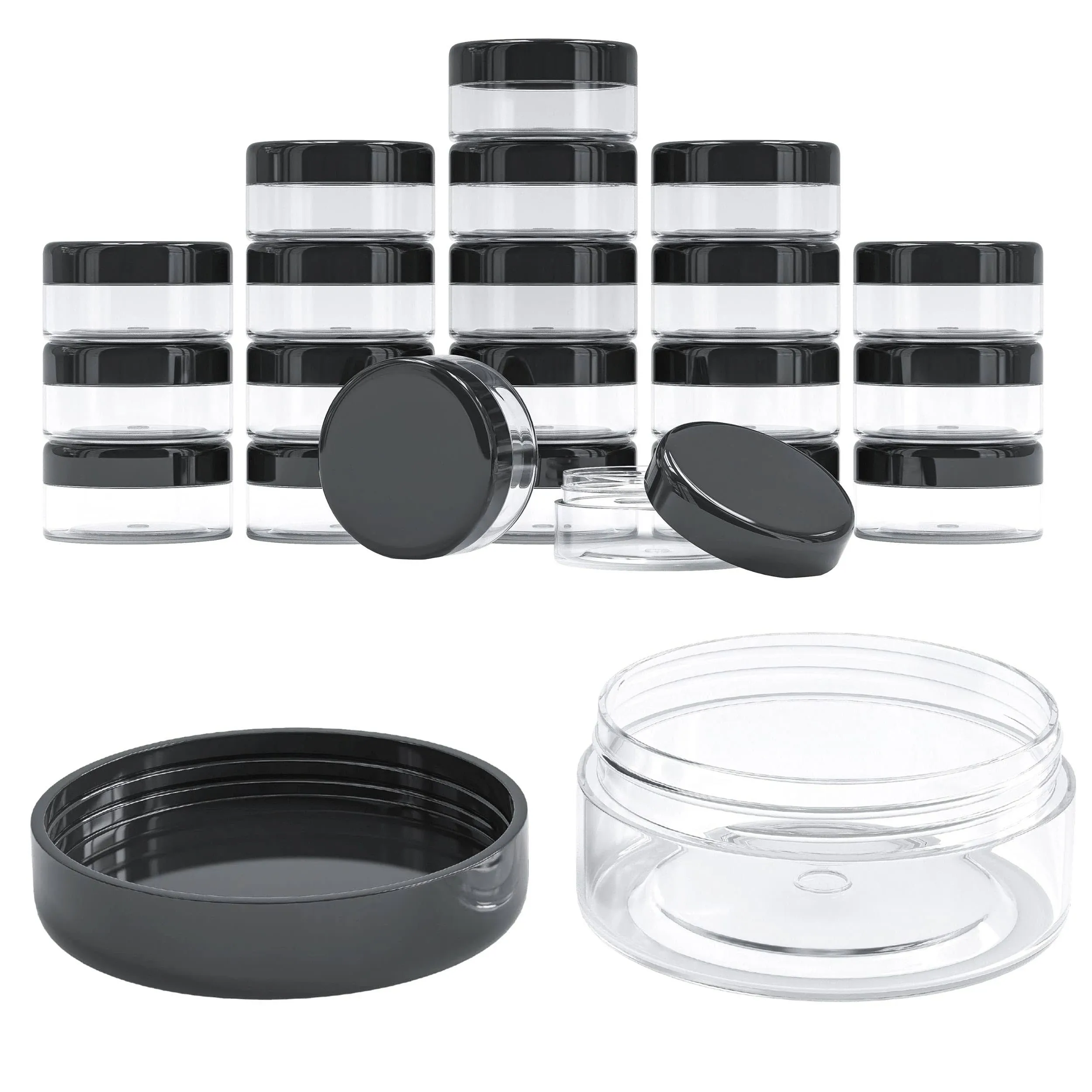 ZAVBE 100 Pieces Empty 5 Grams Container with Black Lid - Acrylic Clear Round leakproof - BPA Free Containers for Samples, Lotion, Cream, Makeup, Bead, Eye shadow, Cosmetic, Pot, 5g/5ml (100 Jars)