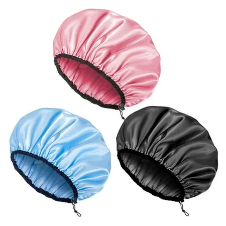 bangyoudaoo 3 pcs Shower Cap for Women Adjustable Reusable Double-Layer Waterproof Bathing cap Waterproof Exterior EVA Lining Hair Cap for All Hair lengths.(Blue Black Pink)