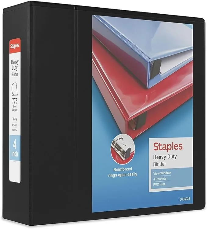 Staples Heavy Duty 4" 3-Ring View Binder Black (24695) 82664