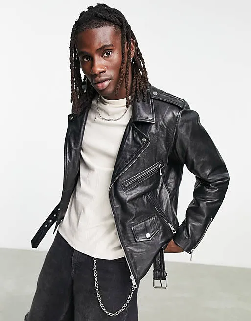 Bolongaro Trevor oversized zip biker leather jacket with belt in black