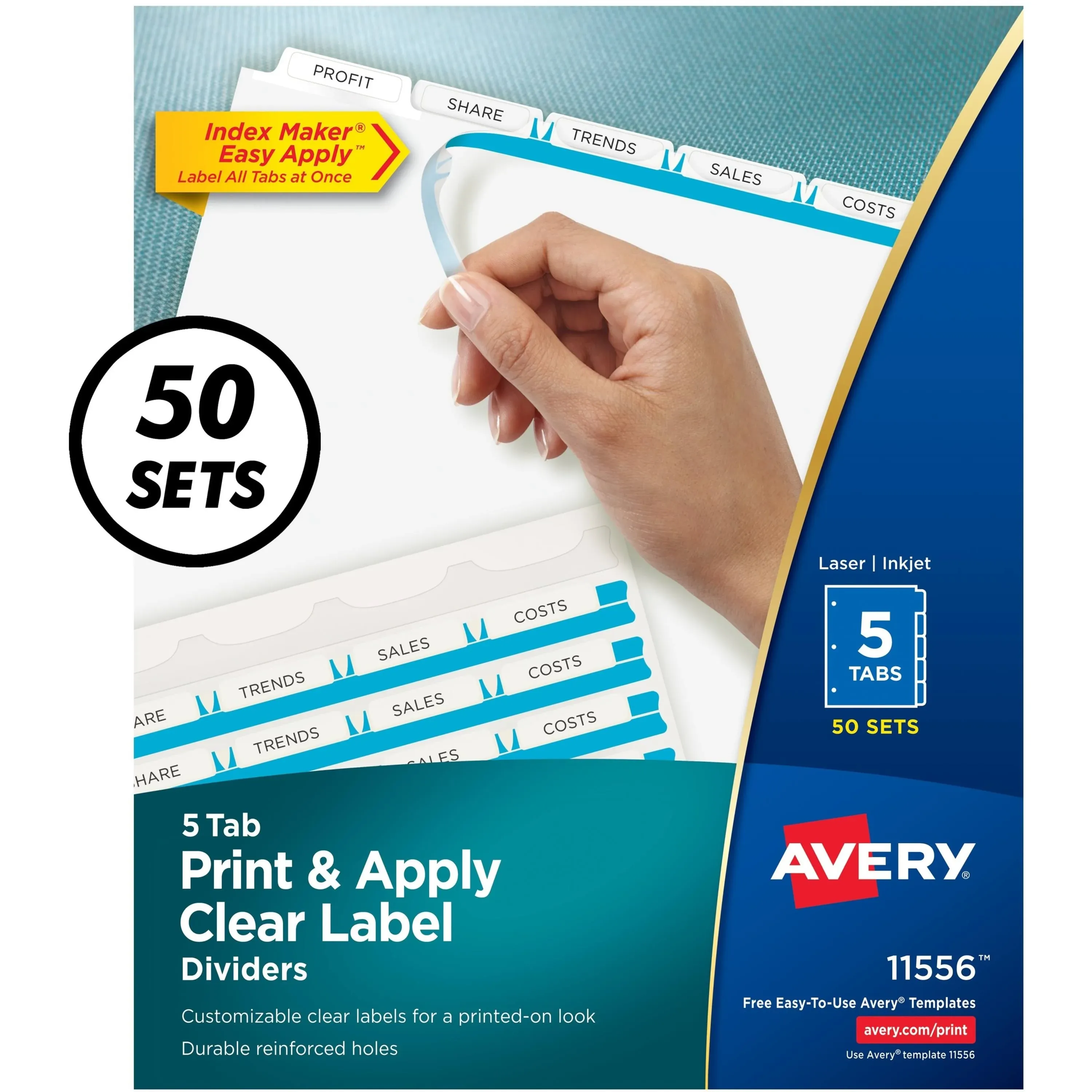 Avery Index Maker Paper Dividers with Print & Apply Label Sheets, 5 Tabs, White, 50 Sets/Pack (11556) | Staples