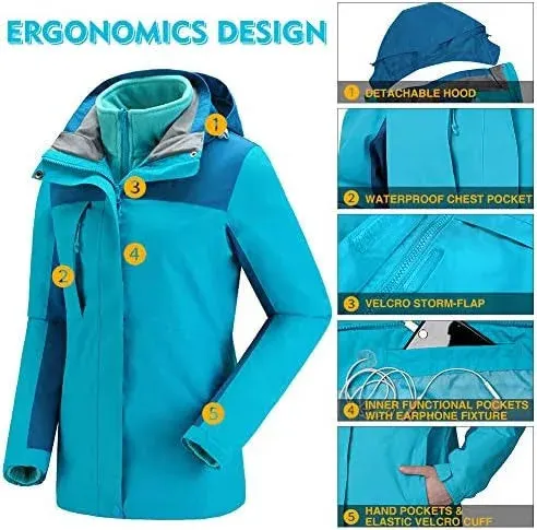 CAMELSPORTS Womens Ski Jackets Waterproof Fleece Snow Coat 3 in 1 Snowboarding J