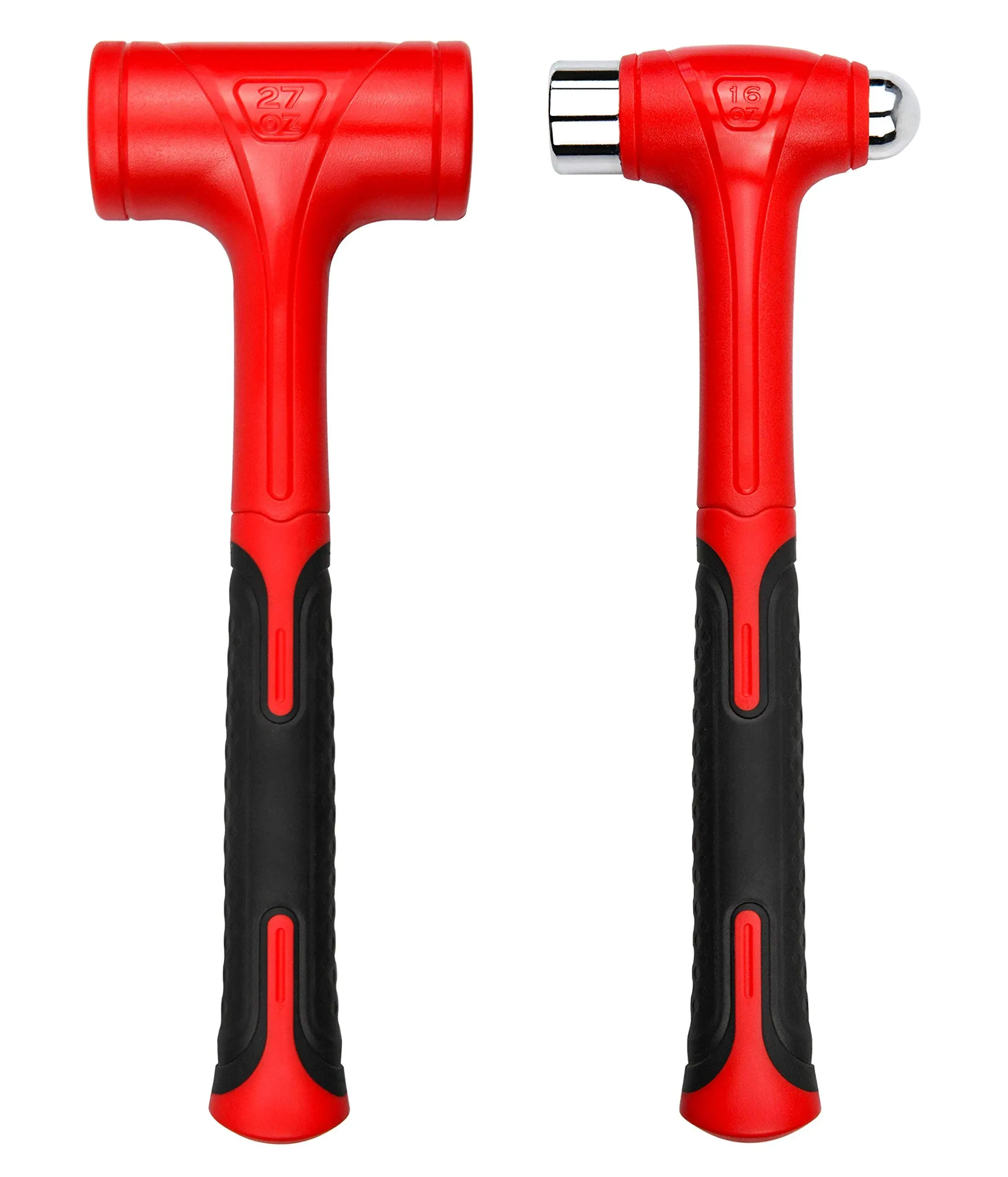 YIYITOOLS 2pcs Dead Blow Hammer Set 16oz(1LB)Ball Pein Hammer 27oz(1.5LB)Dead Blow Hammer Red and Black Shockproof Design No Rebound Mallet Unibody