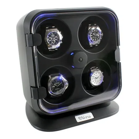 Versa Quad Watch Winder with Light in Black - Independently Controlled Settings - 12 Direction and Timer Settings - Adjustable Watch Pillows - Plenty of Space for Large Watches - No Magnetization