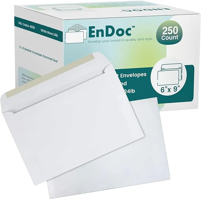 6x9 Booklet Envelopes - 250 pack - Mailing Envelopes with Gummed Seal - White...