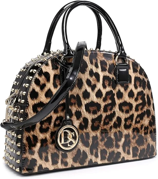 Dasein Fashion Patent Leather Studded Dome Zip Around Handbag Leopard