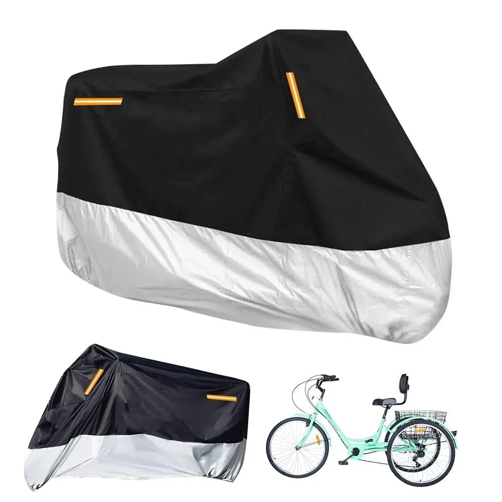 Premium Adult Tricycle Cover, Fit All 3-Wheel Bike or Motorcycles Outdoor and Indoor Storage, 104" L x 43.3" W x 49" H (Black & Silver, 210D)