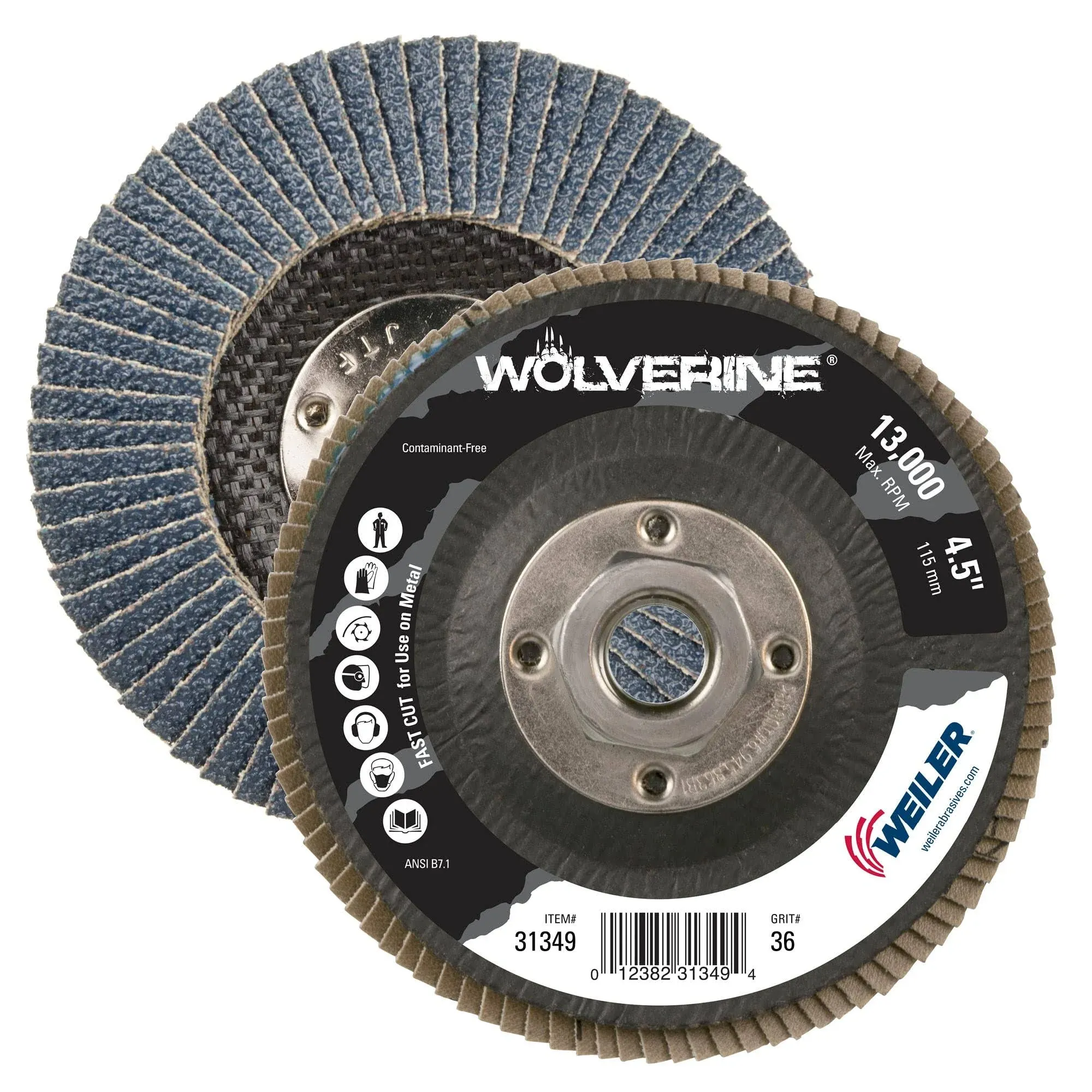 Weiler 31353 Wolverine 4-1/2" x 5/8"-11 UNC Nut Abrasive Flap Disc, 120 Grit ...