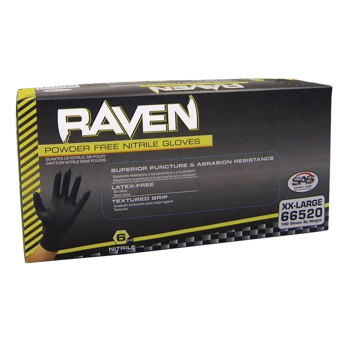 SAS Safety 66516 Raven Powder-Free Nitrile Gloves, Small