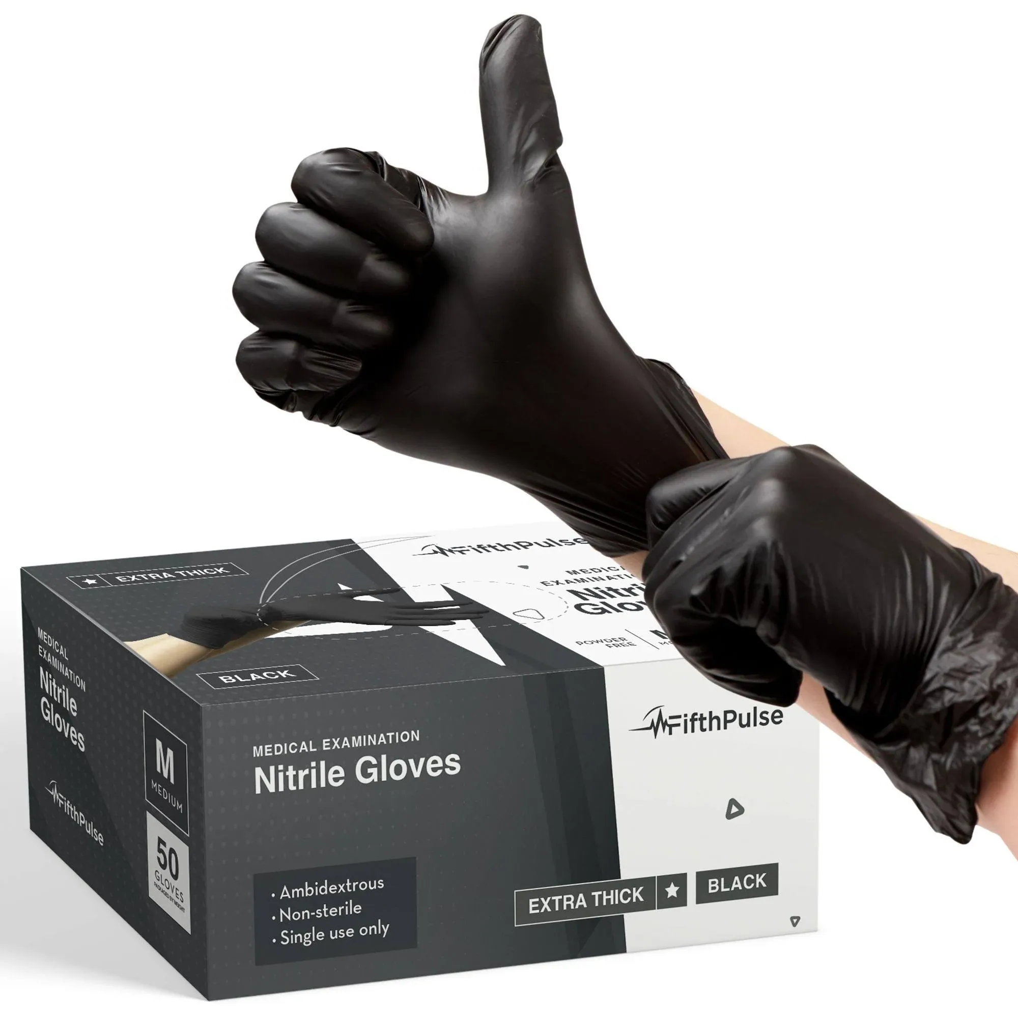 FifthPulse Nitrile Exam Latex Free & Powder Free Thicker Gloves, Black (4 mil), 50/bx, Medium