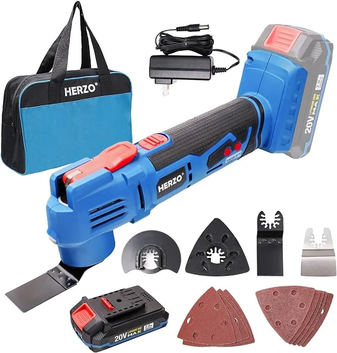 HERZO 20V Cordless Oscillating Tool Kit,17000 OPM Variable Speed, 3° Oscillating Angle, Battery Powered Multi Tool for Cutting, Scraping, Grinding and Sanding