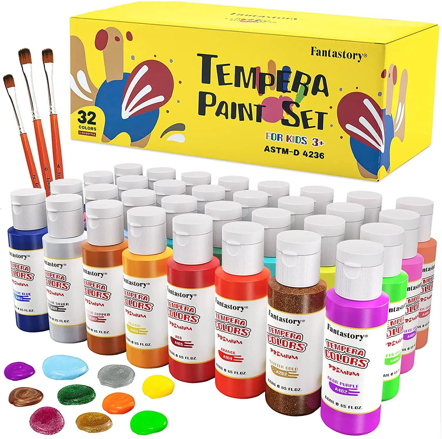 Tempera Paint for Kids Fantastory 32 Colors (2 oz Each) Washable Tempera Paint ...