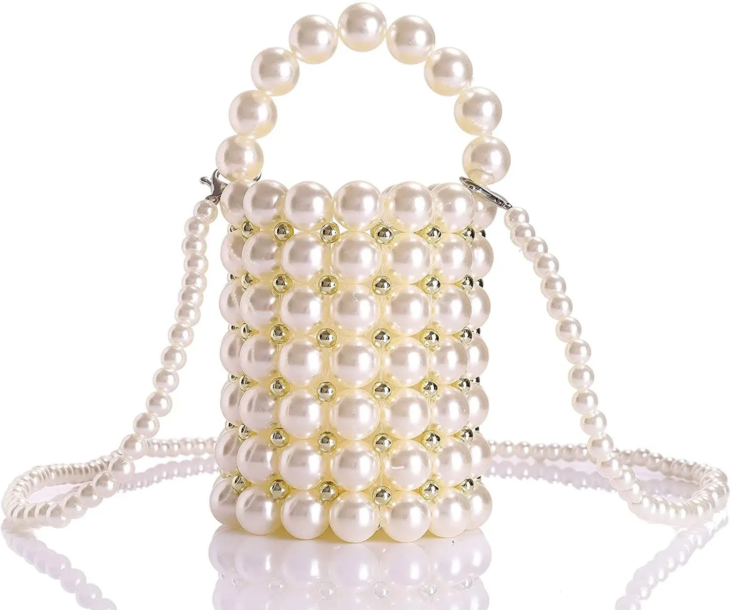 Beaded Handbag for Women WhitePearl Decoration Evening Bags with DetachableChain