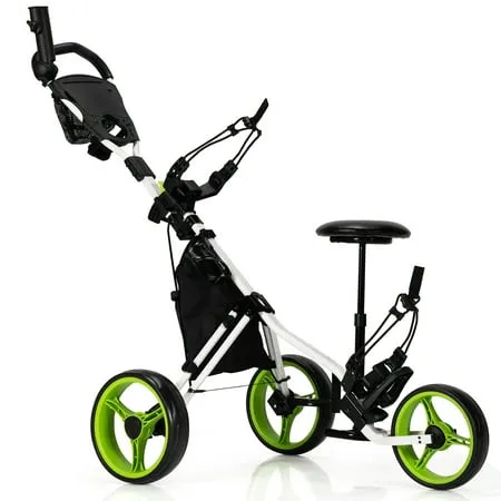 Goplus Folding 3 Wheels Golf Push Cart with Seat Scoreboard Adjustable Handle