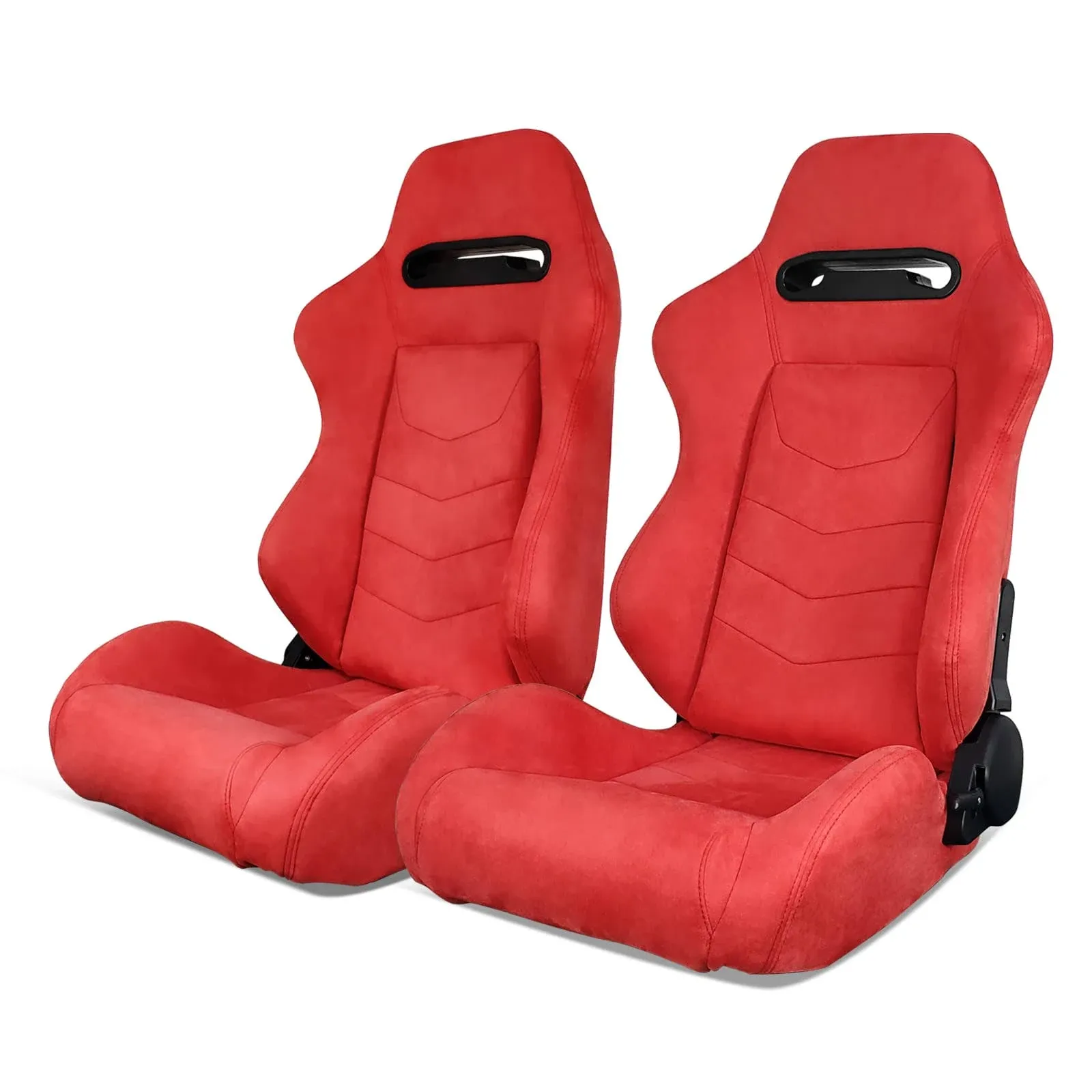 Universal Pair Reclinable Racing Seats + Dual Sliders Red Stitch Suede Wrap