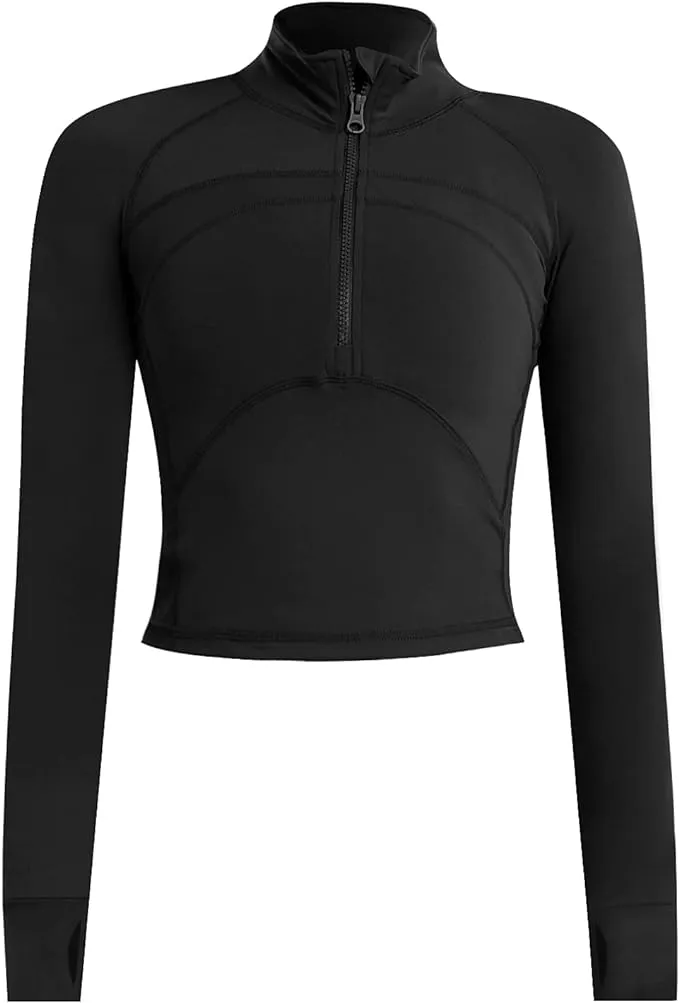 Zhenwei Women's 1/2 Zip Up Lightweight Workout Athletic Crop Jacket Running Sports Outwear Slim Fit Long Sleeve Yoga Cropped Top Seamless Fitted