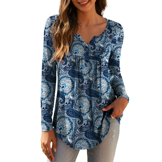 A.jesdani Womens Plus Size Long Sleeve Tunic Tops Casual Floral Henley Shirts m-4x