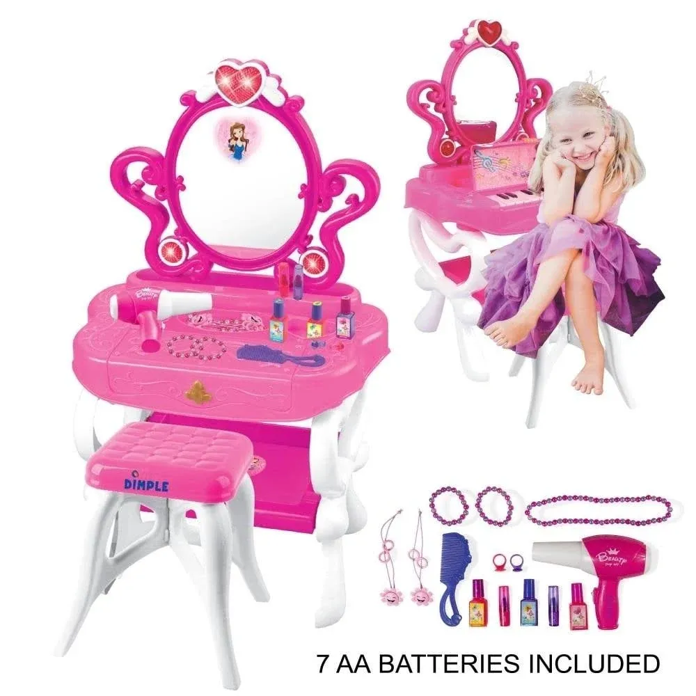 2-In-1 Musical Piano Vanity Set Girls Toy Makeup Accessories Working Piano, Flas