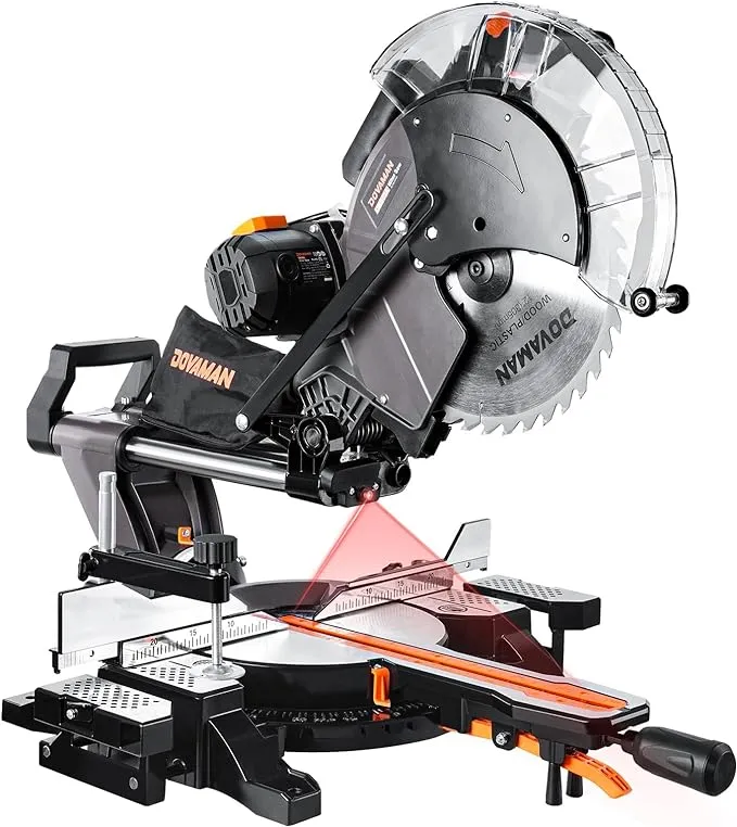 DOVAMAN Miter Saw, 12 inch Sliding Miter Saw, 0-45° Double Bevel Cutting w/Laser, 3800RPM, 15Amp Compound Miter Saw w/ 9 Positive Stops, 4.2 x 13 in Cutting Capacity, Expanded Table Side-DMS03A