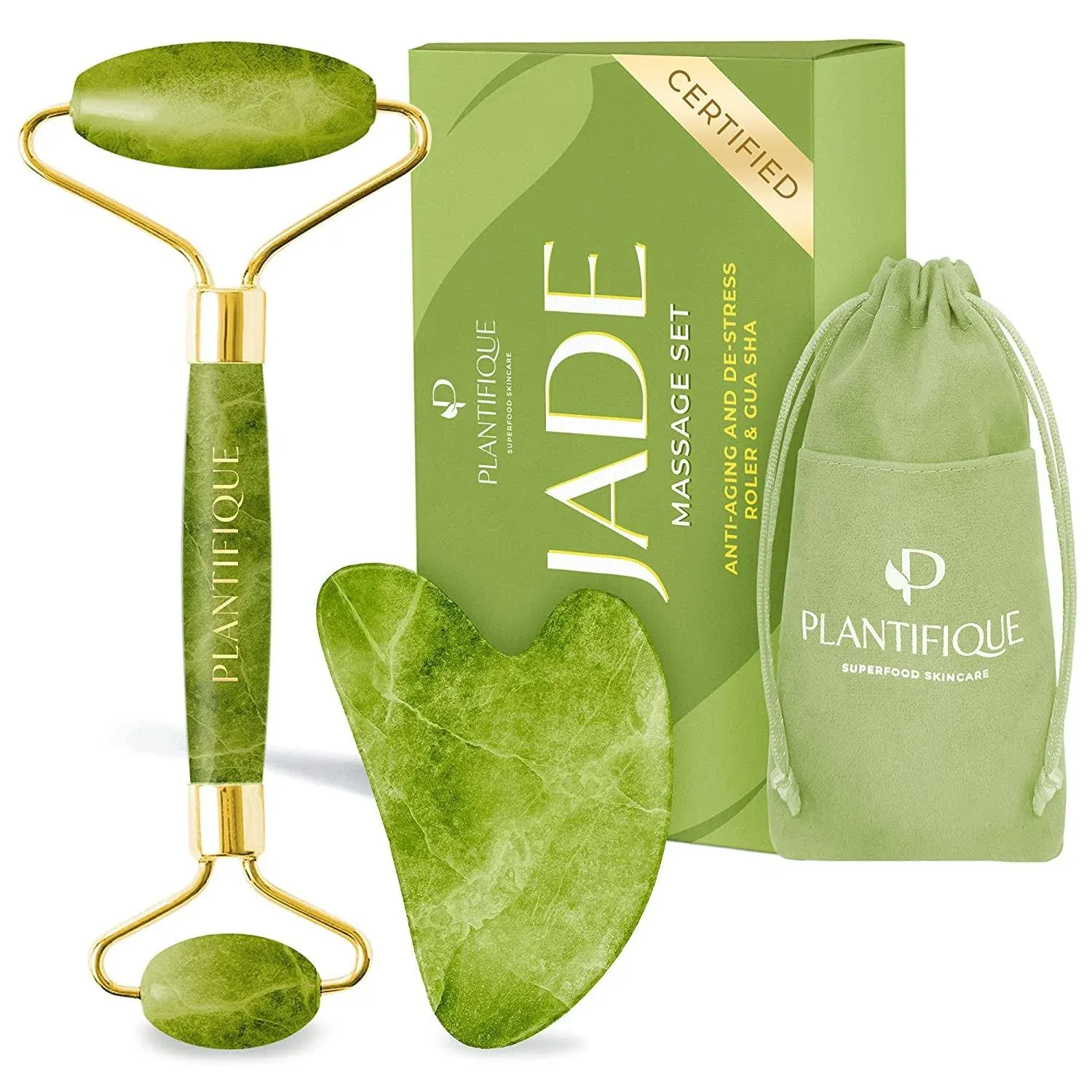 Plantifique Jade Roller for Face and Gua Sha Facial Tools - Includes Real Jade ...